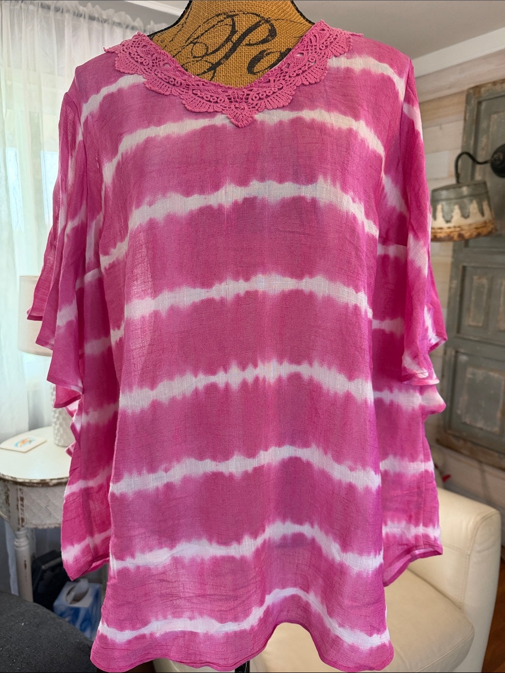 Catherines Pink and White Tie-Dye Crochet Neck Tunic